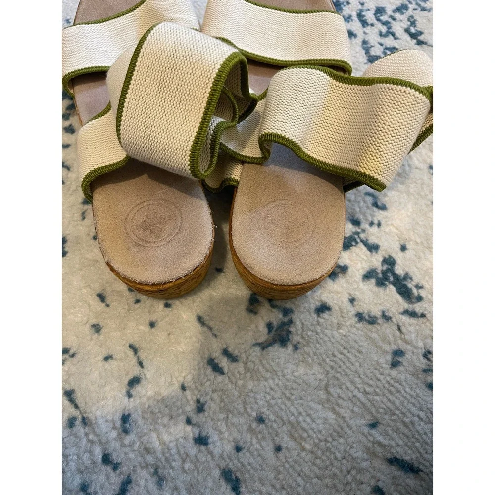 Elastic Strap Cork Like Wedge Sandals Cream Green Sz 9 by Charleston Shoe Co.